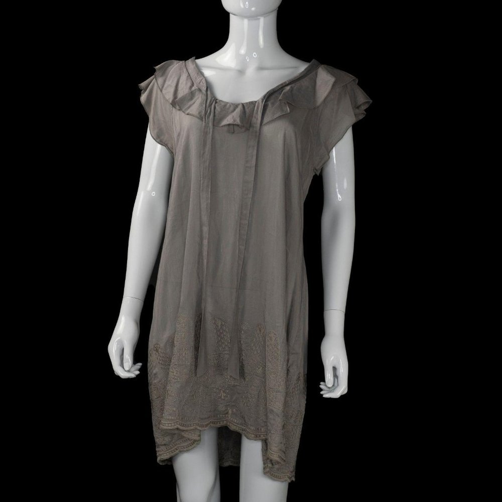 Trinity Taupe Shift Dress Tie/Ruffle Neck Dress